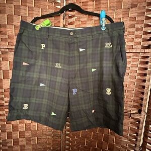 Polo Ralph Lauren Navy Blue and Forest Green Plaid Shorts with Logo Patches